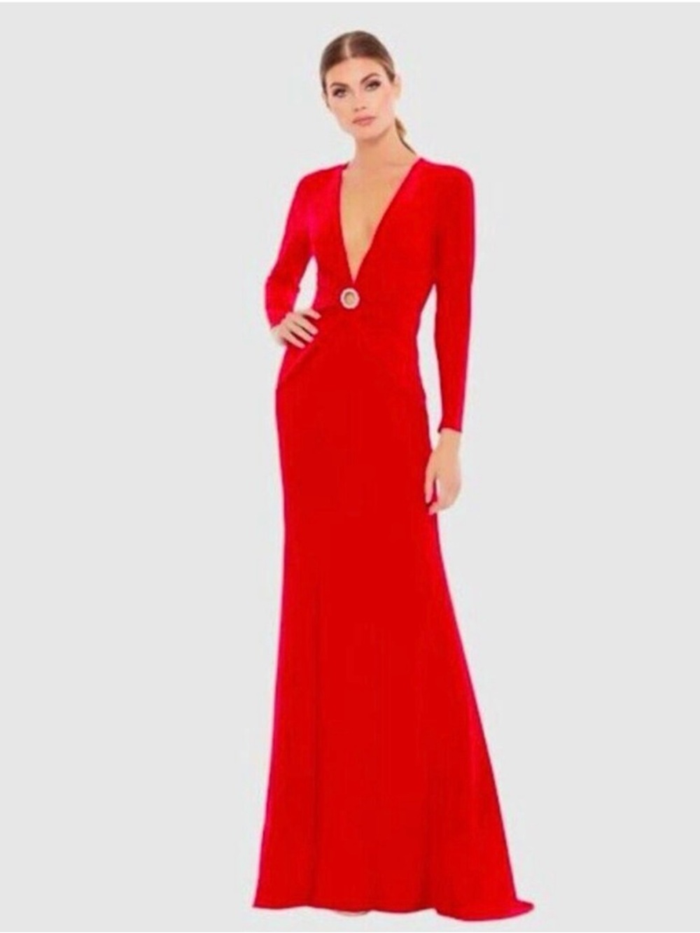 NWT Ieena for MacDuggal Gathered Pearl Long Sleeve Keyhole Gown Red 8